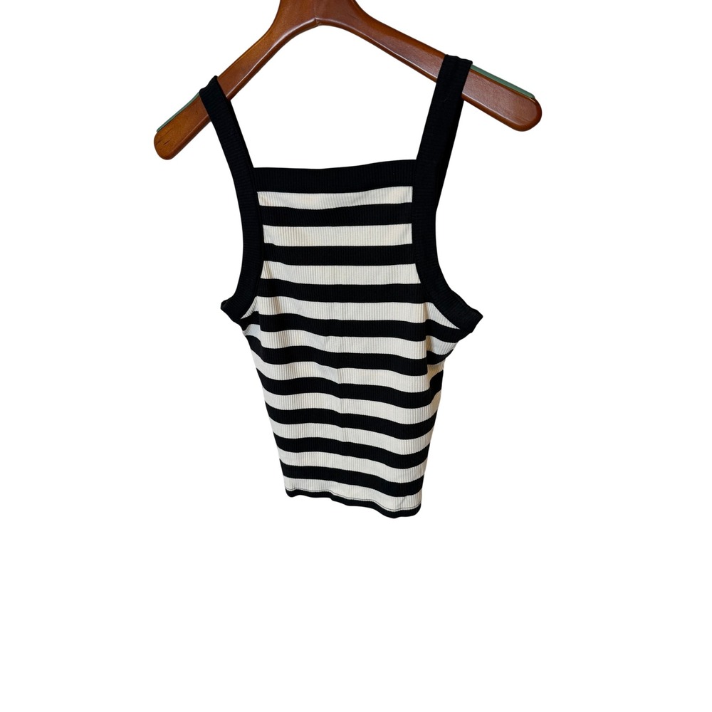 J.Crew Womens Black Cream Striped Ribbed Knit Square Neck Tank Top Size M